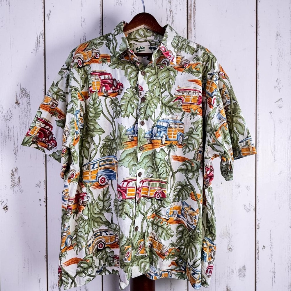 Vintage Hawaiian Shirt XL Woodie Car Surf Tropical Tiki Camp Cotton/Rayon USA